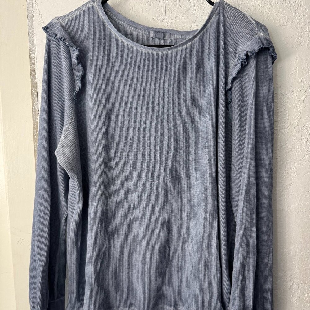 Blue gray waffle knit sweater with ruffle shoulders